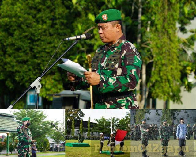 Danrem 042/Gapu  Brigjen TNI  Supriono, S.IP., M.M. pimpin upacara bendera 17an di lapangan upacara Makorem 042/Gapu, Jambi Selasa 17/5/2022. (Penrem042gapu)